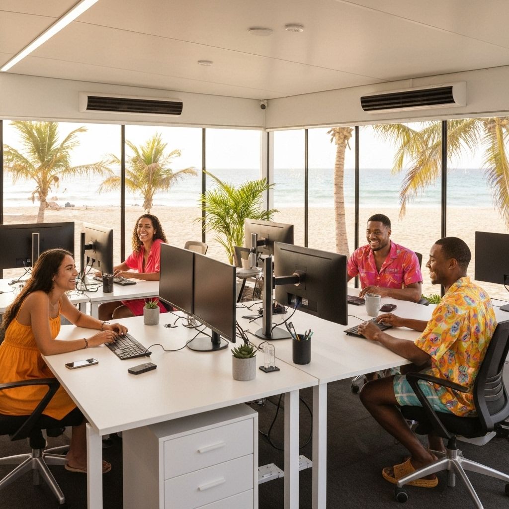 Young professionals working at beach coworking space with monitors and palm trees