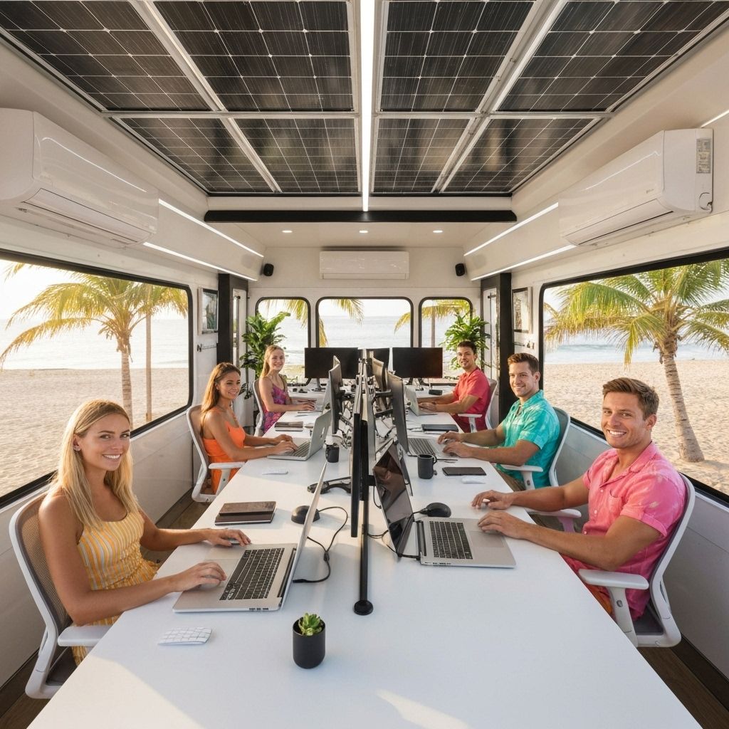 High-tech sustainable beach workspace with solar panels and happy professionals at modern workstations